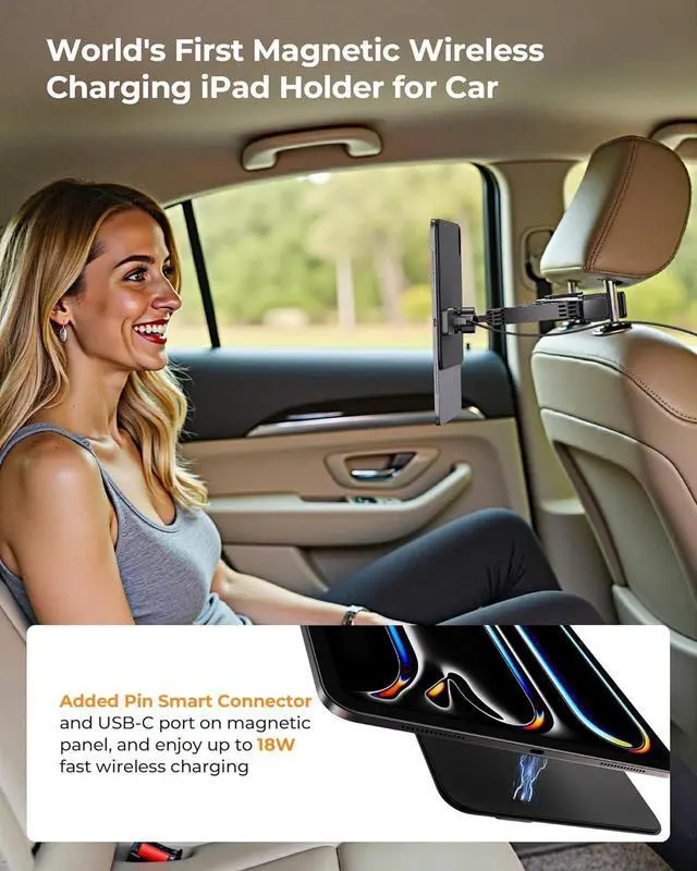 Alt view image 3 of 7 - KUXIU Magnetic Wireless Charging Car Headrest Tablet Holder for iPad Pro 13'' M4 [2024]Only, Back Seat Mount Kids, Road Trip Essentials Trave with Air Vent Stand, 2M USB-C Cable