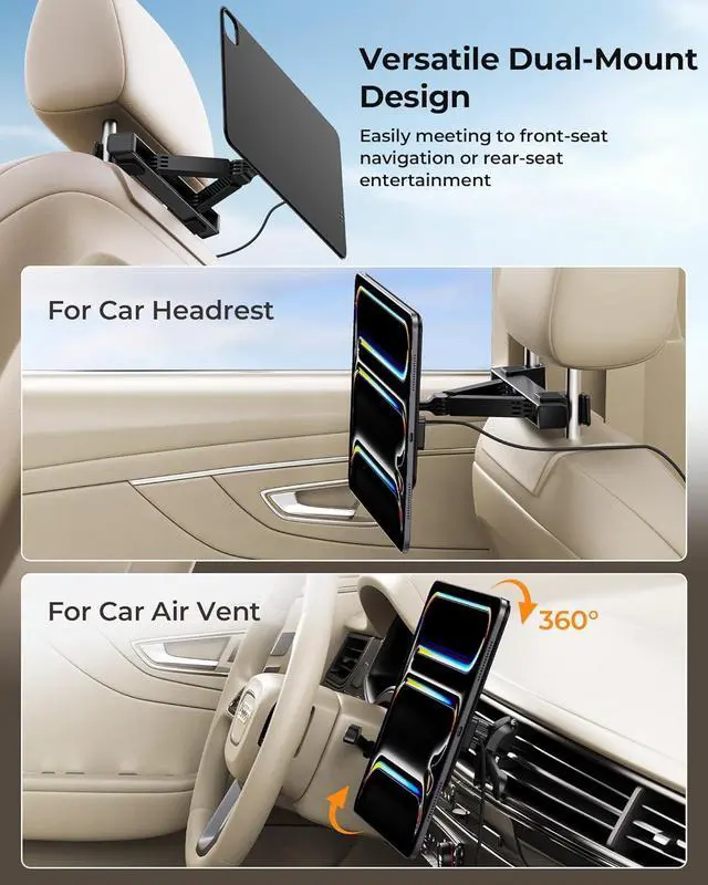 Alt view image 5 of 7 - KUXIU Magnetic Wireless Charging Car Headrest Tablet Holder for iPad Pro 13'' M4 [2024]Only, Back Seat Mount Kids, Road Trip Essentials Trave with Air Vent Stand, 2M USB-C Cable