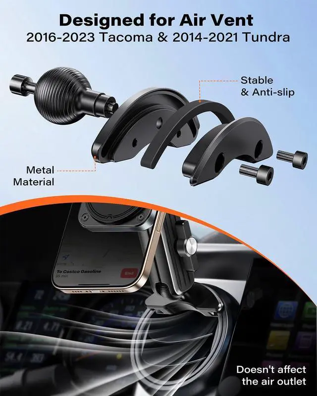 Alt view image 2 of 7 - Magnetic Car Mount for Tacoma 2016-2023 & 2014-2021Tundra, Air Vent Phone Holder Compatible with iPhone 12-17 Series MagSafe Case, 25N Force, Metal 20mm Ball Socket Arm
