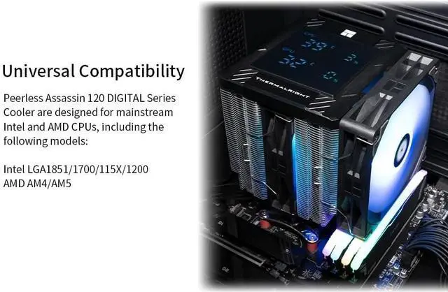 Alt view image 7 of 7 - Peerless Assassin 120 Digital ARGB Black CPU Cooler, Double 120mm PWM Fans with 1850RPM Speed, Support  lga1700/1851/115X,:AM4/AM5,Computer CPU Cooling,Digital Screen Top Cover