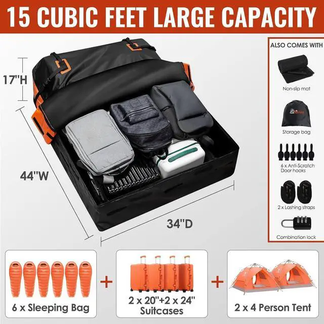 Alt view image 4 of 7 - Car Rooftop Cargo Carrier Bag, 15 Cubic Feet Waterproof Heavy Duty 840D Car Roof Bag for All Vehicle with/Without Racks - Anti-Slip Mat, 6 Door Hooks, Storage Bag, 2 Extra Straps, Luggage Lock