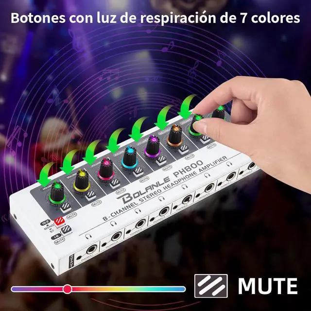 Alt view image 4 of 7 - PH800 8-Channel Headphone Amplifier 3.5mm&6.35mm Jacks, Headphone Splitter with 16 Output Port, Compact Headphone Amp with Mono and Stereo Switch, 7 Color Breathing Light