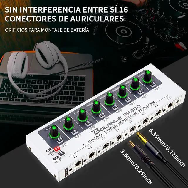 Alt view image 2 of 7 - PH800 8-Channel Headphone Amplifier 3.5mm&6.35mm Jacks, Headphone Splitter with 16 Output Port, Compact Headphone Amp with Mono and Stereo Switch, 7 Color Breathing Light