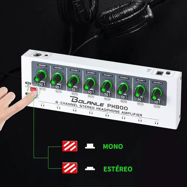 Alt view image 3 of 7 - PH800 8-Channel Headphone Amplifier 3.5mm&6.35mm Jacks, Headphone Splitter with 16 Output Port, Compact Headphone Amp with Mono and Stereo Switch, 7 Color Breathing Light