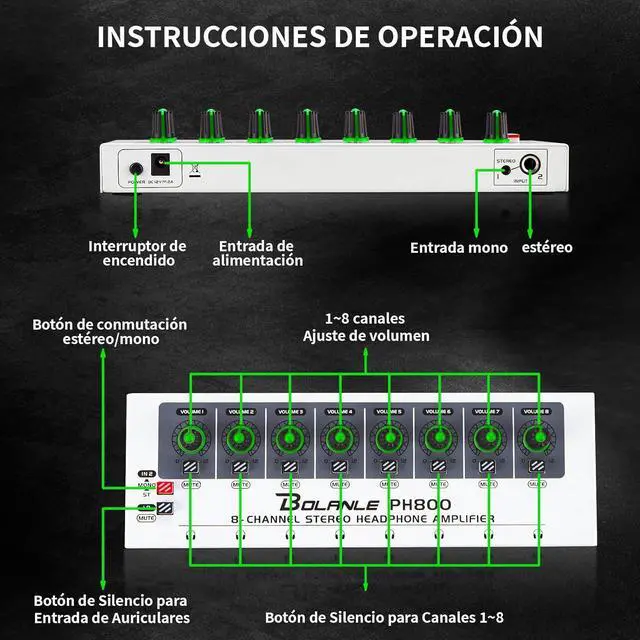 Alt view image 6 of 7 - PH800 8-Channel Headphone Amplifier 3.5mm&6.35mm Jacks, Headphone Splitter with 16 Output Port, Compact Headphone Amp with Mono and Stereo Switch, 7 Color Breathing Light