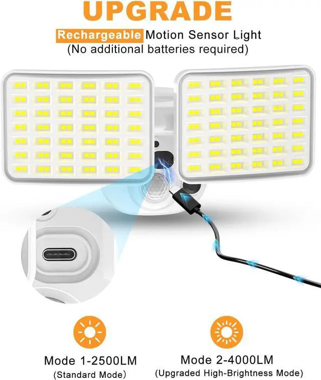 Alt view image 2 of 7 - Recharge Battery Motion Light, 2500LM & 4000LM Dual Modes Motion Sensor Security Lights, USB Charging Wireless Flood Light Battery Powered, LED Outdoor Lights for Garage,Yard,Porch,Shed(2 Packs)