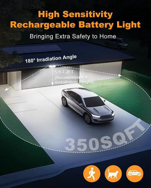 Alt view image 3 of 7 - Recharge Battery Motion Light, 2500LM & 4000LM Dual Modes Motion Sensor Security Lights, USB Charging Wireless Flood Light Battery Powered, LED Outdoor Lights for Garage,Yard,Porch,Shed(2 Packs)