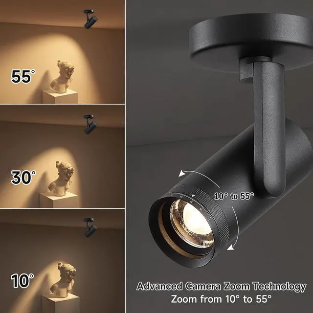 Alt view image 4 of 7 - 12W LED Dimm Zoom Ceiling Spotlight Indoor  Adjust Beam Angle 10-55° Surface Mount Wired Accent Spot Light for Picture, Plants & Painting | Warm White 3000K CRI 97, Black