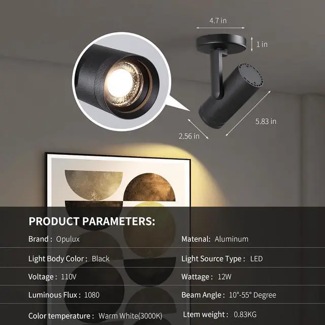 Alt view image 6 of 7 - 12W LED Dimm Zoom Ceiling Spotlight Indoor  Adjust Beam Angle 10-55° Surface Mount Wired Accent Spot Light for Picture, Plants & Painting | Warm White 3000K CRI 97, Black