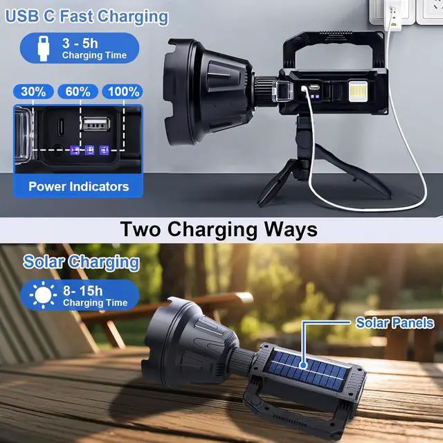 Alt view image 3 of 7 - Recharge Handheld Spotlight, 3,000,000L Super Bright LED Solar & Battery Powered Spot Light with 6 Modes, 3 Color Lenses, COB Side Light, USB C, Waterproof for Outdoor Emergency Hunting