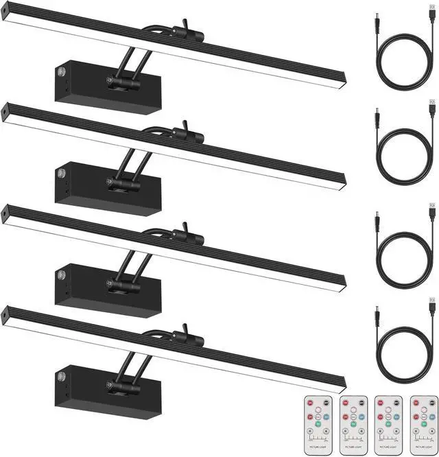 Main image of 4 Pack Recharge Picture Light, 5200mAh Black Battery Operated Picture Lights for Wall with Remote Control, 300LM 3000K Warm White Light 16" Metal Dimm Picture Light for Painting & work
