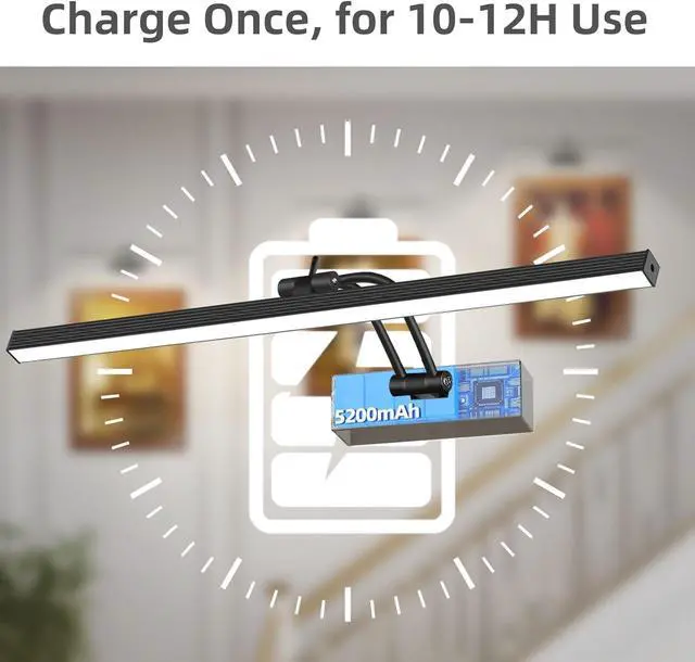 Alt view image 3 of 7 - 4 Pack Recharge Picture Light, 5200mAh Black Battery Operated Picture Lights for Wall with Remote Control, 300LM 3000K Warm White Light 16" Metal Dimm Picture Light for Painting & work