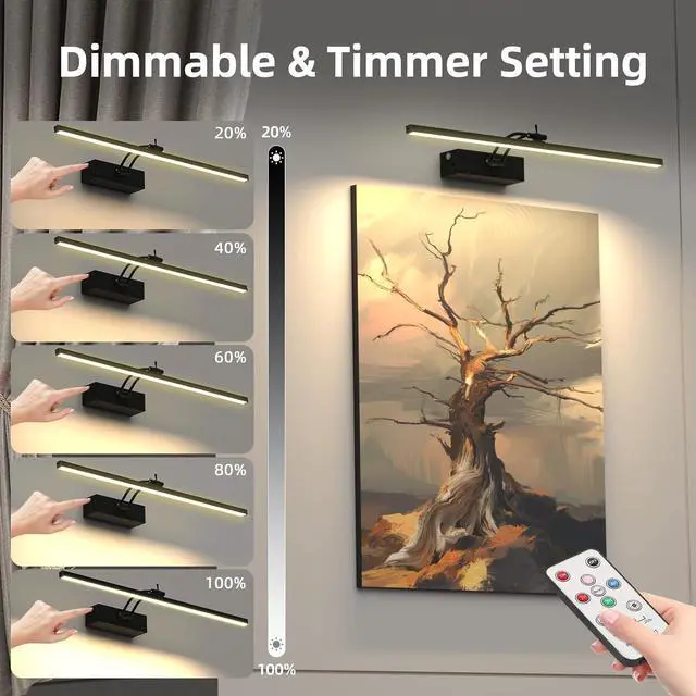 Alt view image 4 of 7 - 4 Pack Recharge Picture Light, 5200mAh Black Battery Operated Picture Lights for Wall with Remote Control, 300LM 3000K Warm White Light 16" Metal Dimm Picture Light for Painting & work