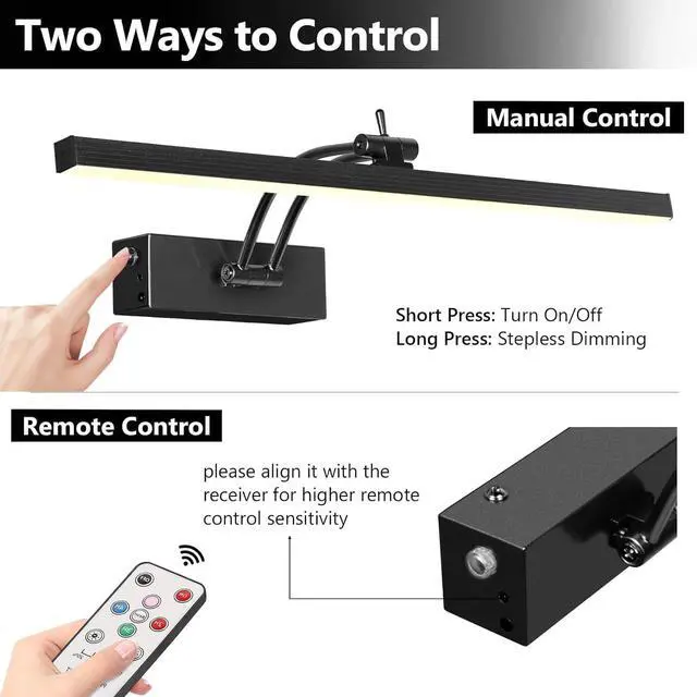 Alt view image 5 of 7 - 4 Pack Recharge Picture Light, 5200mAh Black Battery Operated Picture Lights for Wall with Remote Control, 300LM 3000K Warm White Light 16" Metal Dimm Picture Light for Painting & work