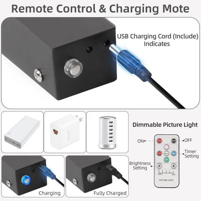 Alt view image 6 of 7 - 4 Pack Recharge Picture Light, 5200mAh Black Battery Operated Picture Lights for Wall with Remote Control, 300LM 3000K Warm White Light 16" Metal Dimm Picture Light for Painting & work