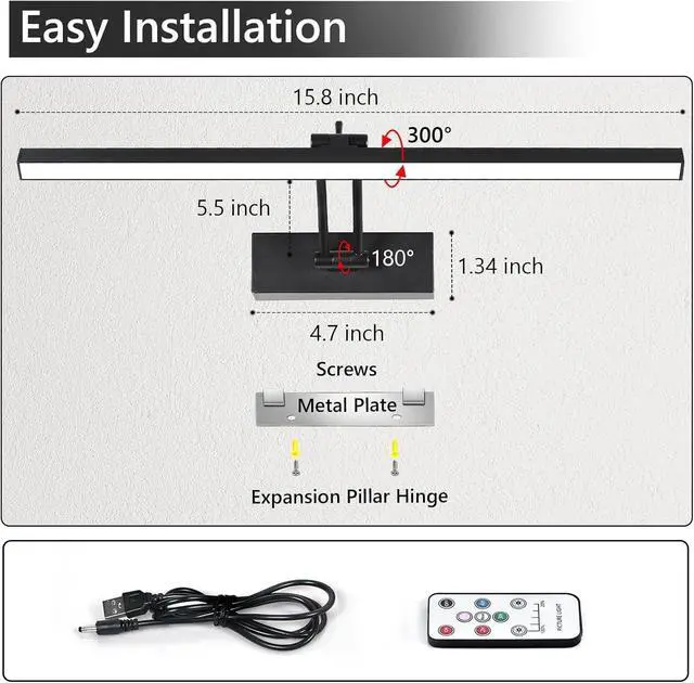 Alt view image 7 of 7 - 4 Pack Recharge Picture Light, 5200mAh Black Battery Operated Picture Lights for Wall with Remote Control, 300LM 3000K Warm White Light 16" Metal Dimm Picture Light for Painting & work