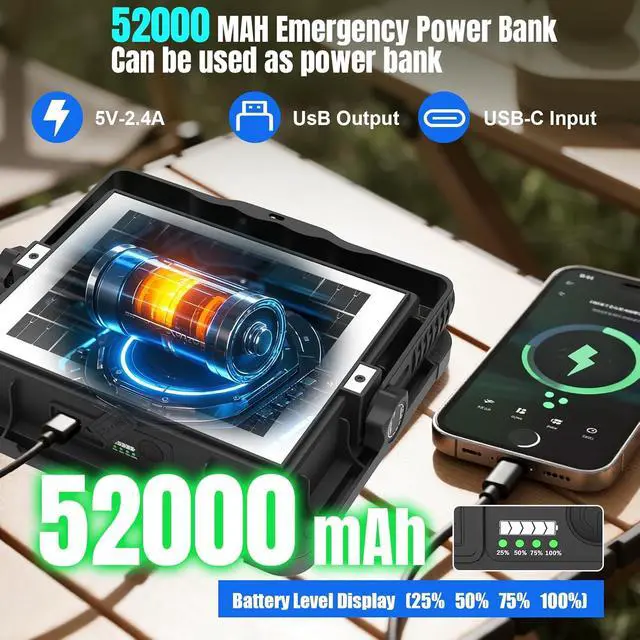 Alt view image 4 of 7 - 600W Solar 52000MAh Recharge Work Light, 600 LED 52000LM Port Flood Light with Standinfinitely dimm Function, IP66 Waterproof 3 Modes LED Job Site Lighting Flashlights for Mechanic Car