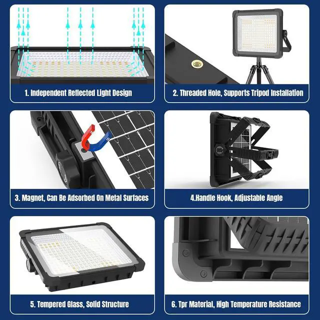Alt view image 5 of 7 - 600W Solar 52000MAh Recharge Work Light, 600 LED 52000LM Port Flood Light with Standinfinitely dimm Function, IP66 Waterproof 3 Modes LED Job Site Lighting Flashlights for Mechanic Car