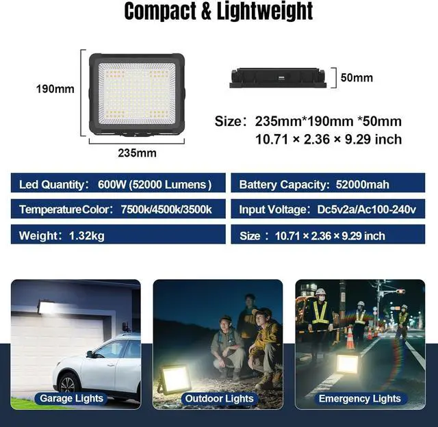 Alt view image 7 of 7 - 600W Solar 52000MAh Recharge Work Light, 600 LED 52000LM Port Flood Light with Standinfinitely dimm Function, IP66 Waterproof 3 Modes LED Job Site Lighting Flashlights for Mechanic Car