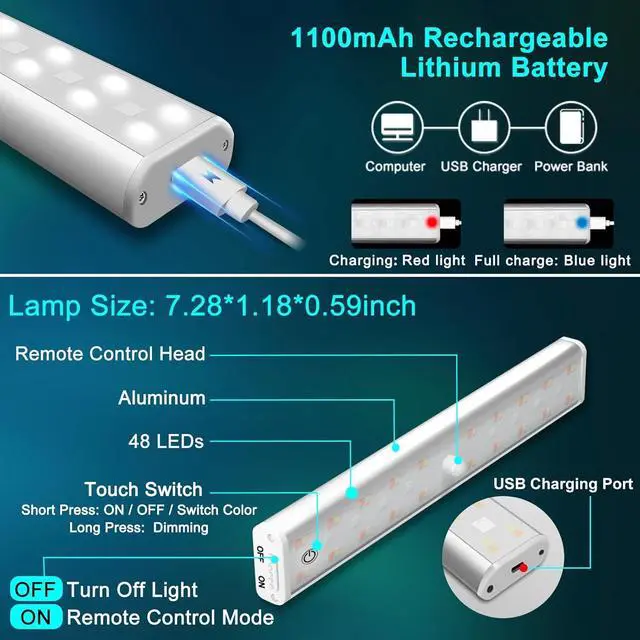 Alt view image 2 of 7 - LED Under Cabinet Lighting Wireless, Dimm LED Closet Light Recharge, Remote Control Kitchen Counter Lighting 15 Color Changing RGB Bar Perfect for Bedroom Indoor Pantry Shelf, 6 Pack