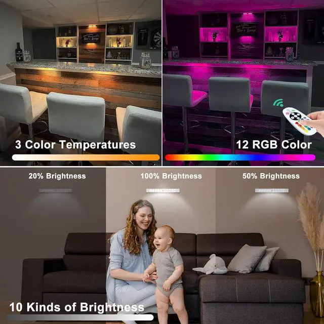 Alt view image 5 of 7 - LED Under Cabinet Lighting Wireless, Dimm LED Closet Light Recharge, Remote Control Kitchen Counter Lighting 15 Color Changing RGB Bar Perfect for Bedroom Indoor Pantry Shelf, 6 Pack