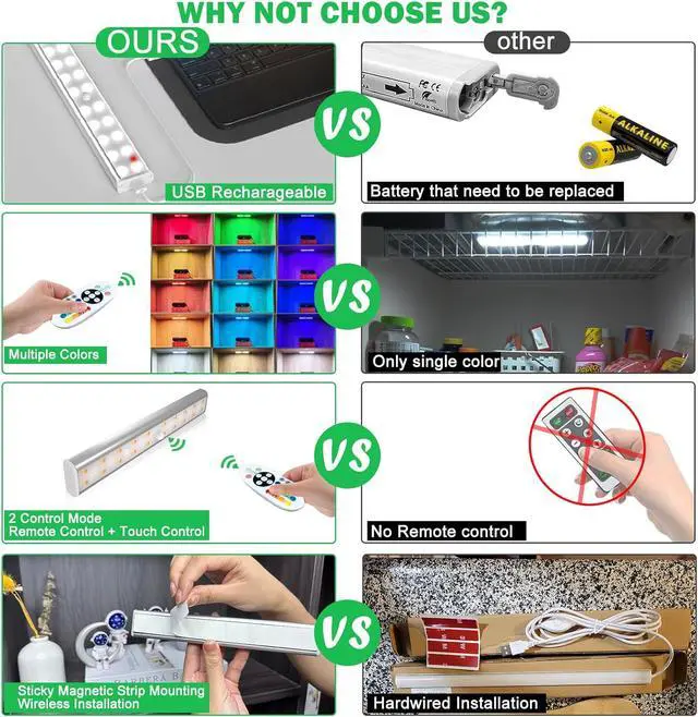 Alt view image 7 of 7 - LED Under Cabinet Lighting Wireless, Dimm LED Closet Light Recharge, Remote Control Kitchen Counter Lighting 15 Color Changing RGB Bar Perfect for Bedroom Indoor Pantry Shelf, 6 Pack