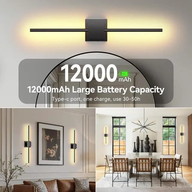 Alt view image 4 of 7 - Battery Operated Wall Sconces Set of 2,  12000mAh Rotat Picture Lights with Remote Control, Dimm 3000-6500K LED Recharge Wall Lights for Living Room Bedroom Mirror, 28.3In