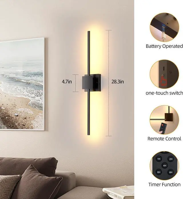 Alt view image 6 of 7 - Battery Operated Wall Sconces Set of 2,  12000mAh Rotat Picture Lights with Remote Control, Dimm 3000-6500K LED Recharge Wall Lights for Living Room Bedroom Mirror, 28.3In
