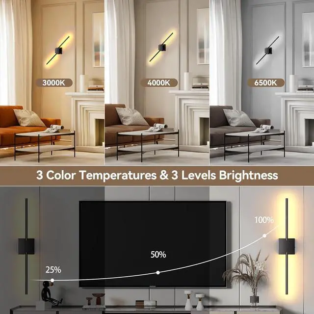 Alt view image 7 of 7 - Battery Operated Wall Sconces Set of 2,  12000mAh Rotat Picture Lights with Remote Control, Dimm 3000-6500K LED Recharge Wall Lights for Living Room Bedroom Mirror, 28.3In