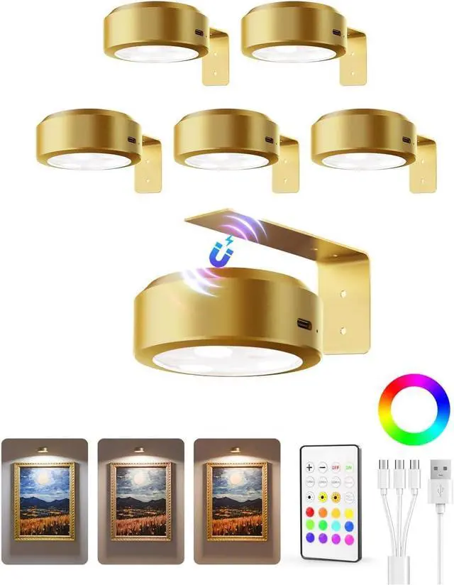 Main image of Picture Lights for Wall, 2000mAh Recharge Battery Magnetic Poster Lights with 3 Color Temps & 12 RGB, Remote Dimm Timer Painting Light, Wall Decor Light for  Display, Frame (6 Pack)