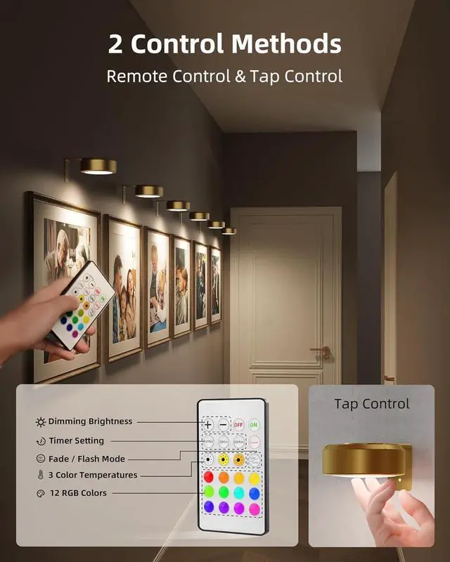 Alt view image 5 of 7 - Picture Lights for Wall, 2000mAh Recharge Battery Magnetic Poster Lights with 3 Color Temps & 12 RGB, Remote Dimm Timer Painting Light, Wall Decor Light for  Display, Frame (6 Pack)