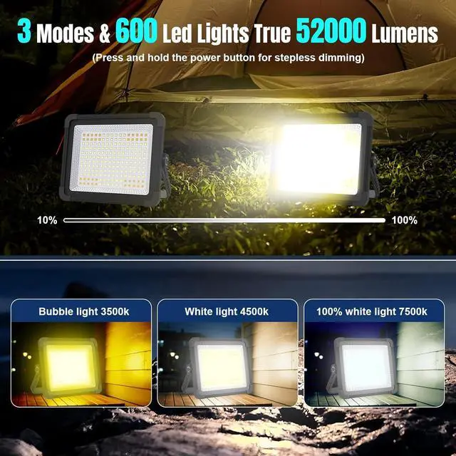 Alt view image 2 of 7 - 600W Solar 52000MAh Recharge Work Light, 600 LED 52000LM Port Flood Light with Standinfinitely dimm Function, IP66 Waterproof 3 Modes LED Job Site Lighting Flashlights for Mechanic Car