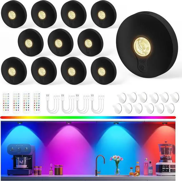 Main image of Recharge Puck Lights with Remote, 12 Pack Magnetic Under Cabinet Lighting, 1500mAh Battery Operated LED Tap Lights with Dimmer & Timmer for Kitchen, Closet, Shelf - 3 Color Temps & 12 RGB, Black