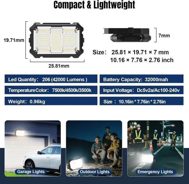 Alt view image 7 of 7 - 400W 32000MAh Recharge Work Light, 206 LED 32000LM Port Flood Light with Standinfinitely dimm function, IP66 Waterproof 4 Modes LED Job Site Lighting Flashlights for Mechanic Car Repair