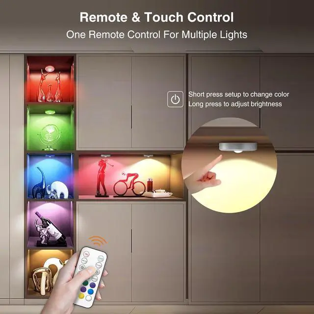 Alt view image 3 of 7 - RGB Puck Lights with Remote Control, 2000mAh Recharge Stick on Led Lights, 9 Colors & 2 Dynamic, Tap Light with Timing,Under Cabinet Lighting for Closet,Kitchen,Cabinet,Shelf(Silver, 5 Pack)