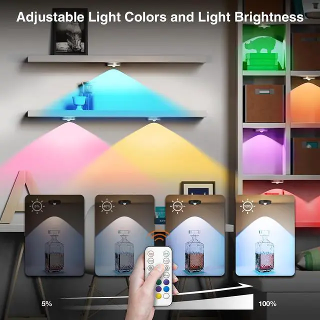 Alt view image 4 of 7 - RGB Puck Lights with Remote Control, 2000mAh Recharge Stick on Led Lights, 9 Colors & 2 Dynamic, Tap Light with Timing,Under Cabinet Lighting for Closet,Kitchen,Cabinet,Shelf(Silver, 5 Pack)
