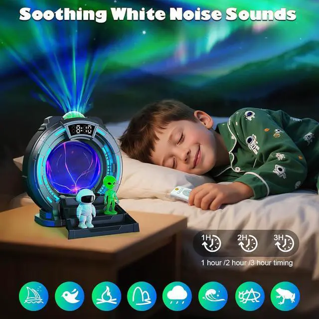Alt view image 5 of 7 - 8-in-1 Sci-Fi Gateway Galaxy Projector Nebula Night Light for Kids Adults Teens with Plasma Ball, Alarm Clock, Bluetooth Speaker, White Noise, 8 Color Night Lights & Alien Astronaut for Bedroom Decor