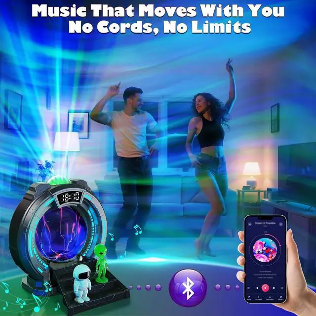 Alt view image 3 of 7 - 8-in-1 Sci-Fi Gateway Galaxy Projector Nebula Night Light for Kids Adults Teens with Plasma Ball, Alarm Clock, Bluetooth Speaker, White Noise, 8 Color Night Lights & Alien Astronaut for Bedroom Decor