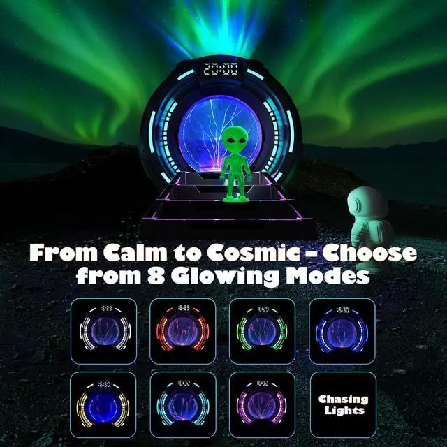 Alt view image 6 of 7 - 8-in-1 Sci-Fi Gateway Galaxy Projector Nebula Night Light for Kids Adults Teens with Plasma Ball, Alarm Clock, Bluetooth Speaker, White Noise, 8 Color Night Lights & Alien Astronaut for Bedroom Decor