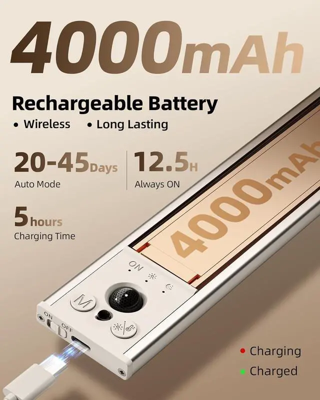 Alt view image 4 of 7 - 5 Pack Under Cabinet Lighting, 4000mAh Recharge Motion Sensor Light, 16.5inch Magnetic Closet Lights with Dimm & 3 Color Temps, Wireless Motion Activated Lights with Remote for Kitchen