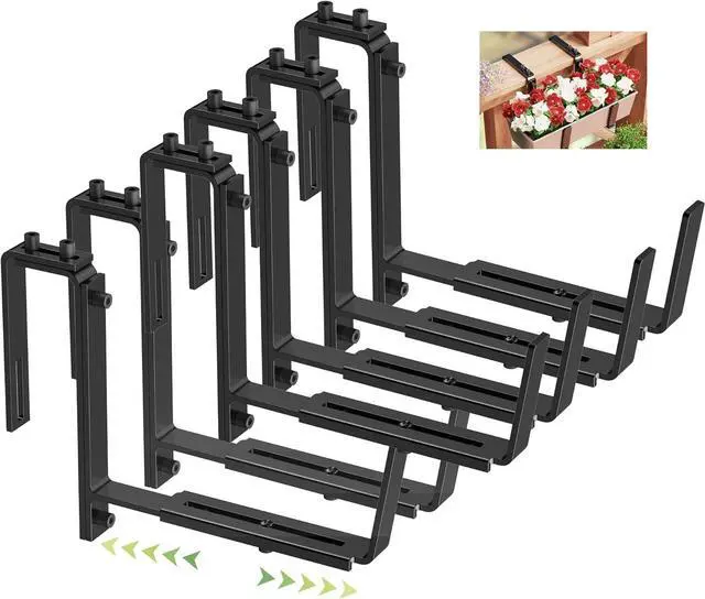 Main image of 6 PCS Adjust Window Box Brackets for Planter Box, Heavy Duty Wall Mounted Hooks Hangers for Flower Baskets Holder Dur, Hanging Brackets for Fence Patio Garden Balcony