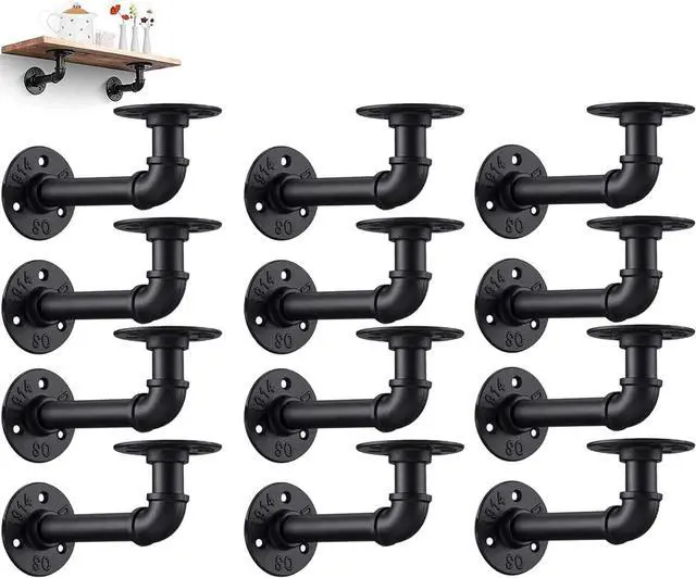 Main image of Industrial DIY Pipe Shelf Brackets,Vintage Black Iron Wall Mount Pipe Shelving Bracket, Rustic Home Pipe Shelf, 12 Pack