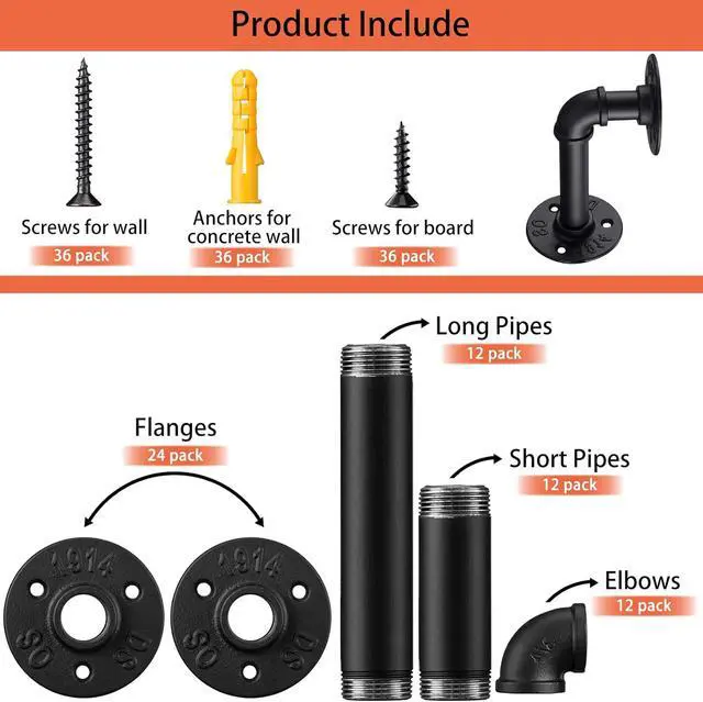 Alt view image 7 of 7 - Industrial DIY Pipe Shelf Brackets,Vintage Black Iron Wall Mount Pipe Shelving Bracket, Rustic Home Pipe Shelf, 12 Pack