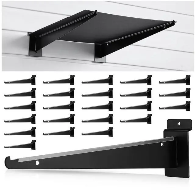 Main image of 24 Pcs 15.8" Chrome Slatwall Knife Shelf Bracket with Lip Metal Bracket Hooks Slatwall Hanger Heavy Duty Shelf Accessories Home Boutique Retailer Display (Black)
