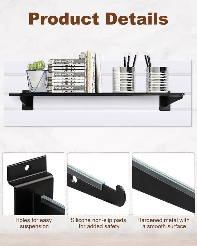Alt view image 3 of 7 - 36pcs 12 Inch Slatwall Shelf, Heavy Duty Slat Wall Shelf Brackets with Lip Floating Slatwall Accessories for Garage Slat Panels Shelving Display (Black)