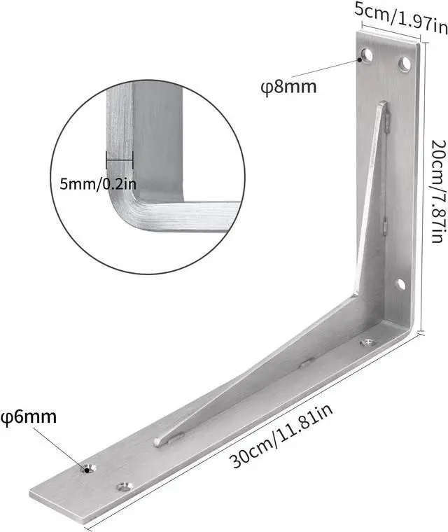 Alt view image 6 of 7 - Shelf Bracket Heavy Duty 12x8x2 in, 1/5IN Extra Thick Solid L Brackets Stainless Steel Countertop Bar Top Support Brackets Wall Mounted, Includes Hardware, 2 Pack