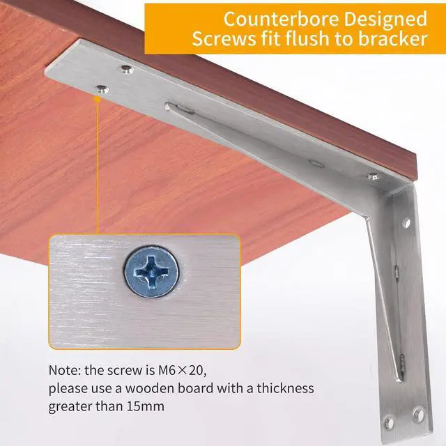Alt view image 7 of 7 - Shelf Bracket Heavy Duty 12x8x2 in, 1/5IN Extra Thick Solid L Brackets Stainless Steel Countertop Bar Top Support Brackets Wall Mounted, Includes Hardware, 2 Pack