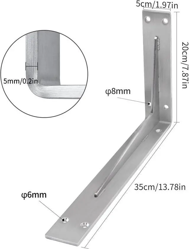 Alt view image 6 of 7 - Shelf Bracket Heavy Duty 14x8x2 in, 1/5IN Extra Thick Solid L Brackets Stainless Steel Countertop Bar Top Support Brackets Wall Mounted, Includes Hardware, 2 Pack