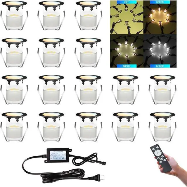Main image of LED Outdoor Deck Lights, 30mm 3CCT Low Voltage 12V, 16 Pack Black IP65 Waterproof, Electric Wired Mini Recessed Under Landscape Lighting for Yard Stair Step Floor Riser