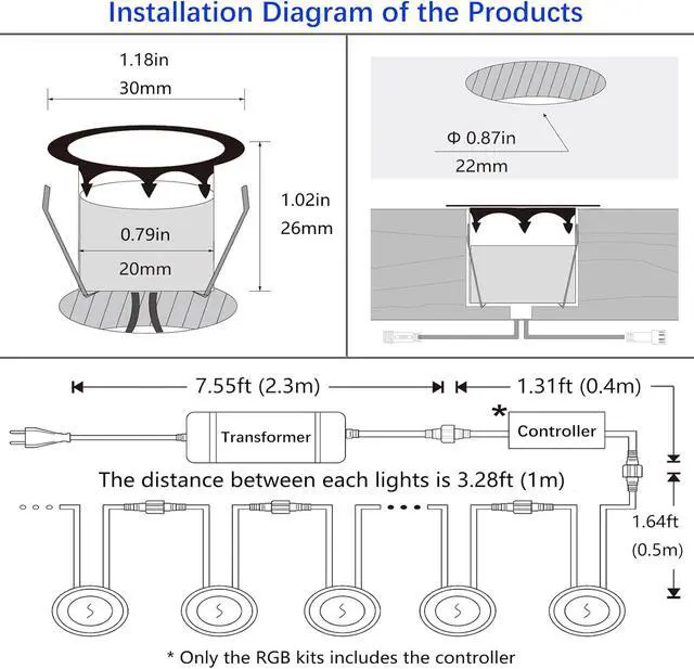 Alt view image 6 of 7 - LED Outdoor Deck Lights, 30mm 3CCT Low Voltage 12V, 16 Pack Black IP65 Waterproof, Electric Wired Mini Recessed Under Landscape Lighting for Yard Stair Step Floor Riser